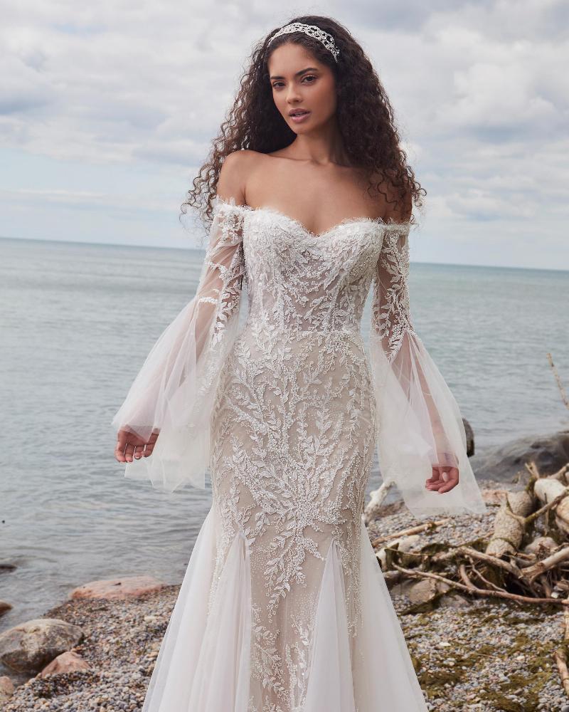 La24124 beaded mermaid wedding dress with bell sleeves and sweetheart neckline3